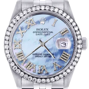 Diamond Mens Rolex Datejust Watch 16200 | 36Mm | Blue Mother Of Pearl Roman Numeral Dial | Jubilee Band