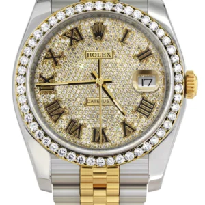 116233 | Hidden Clasp | Diamond Gold Rolex Watch For Men | 36MM | Full Diamond Roman Dial | Jubilee Band