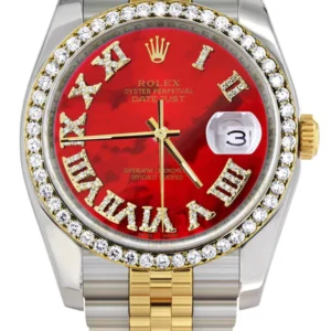 Rolex Datejust 116233 For Sale | Hidden Clasp | Gold & Steel Watch | 36Mm | Diamond Red Roman Dial | Jubilee Band
