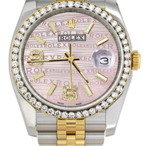 116233 | Hidden Clasp | Gold & Steel Rolex Datejust Watch | 36Mm | Custom Diamond Pink Dial | Jubilee Band