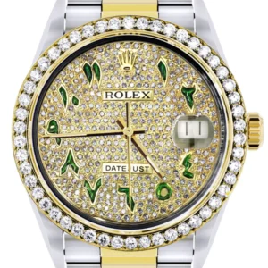 Diamond Gold Rolex Watch For Men 16233 | 36Mm | Custom Green Arabic Full Diamond Dial | Oyster Band