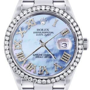Diamond Mens Rolex Datejust Watch 16200 | 36Mm | Blue Mother Of Pearl Roman Numeral Dial | Oyster Band