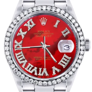 Diamond Mens Rolex Datejust Watch 16200 | 36Mm | Diamond Red Mother Of Pearl Roman Numeral Dial | Oyster Band