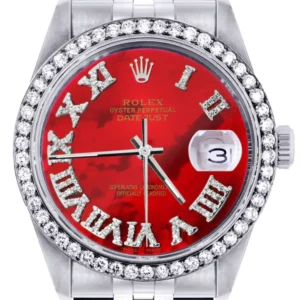 Diamond Mens Rolex Datejust Watch 16200 | 36Mm | Diamond Red Mother Of Pearl Roman Numeral Dial | Jubilee Band