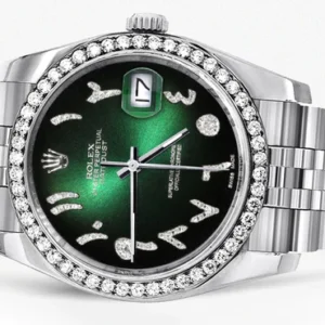 116200 | Hidden Clasp | Diamond Rolex Datejust Watch | 36Mm | Green Black Arabic Diamond Dial | Jubilee Band