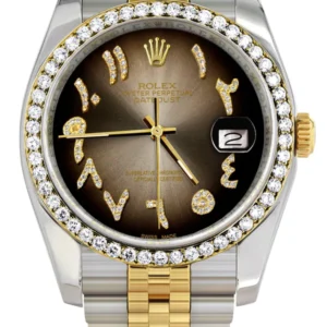 116233 | Hidden Clasp | Gold & Steel Rolex Datejust Watch | 36Mm | Brown Arabic Diamond Dial | Jubilee Band