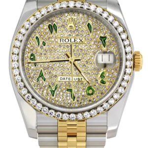 116233 | Hidden Clasp | Diamond Gold Rolex Watch For Men | 36Mm | Custom Green Arabic Full Diamond Dial | Jubilee Band