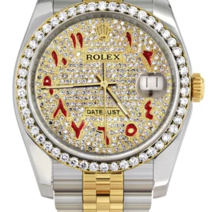 116233 | Hidden Clasp | Diamond Gold Rolex Watch For Men | 36Mm | Custom Red Arabic Full Diamond Dial | Jubilee Band