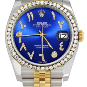 116233 | Hidden Clasp | Gold & Steel Rolex Datejust Watch | 36Mm | Royal Blue Arabic Diamond Dial | Jubilee Band