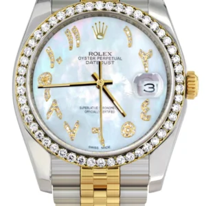 116233 | Hidden Clasp | Gold & Steel Rolex Datejust Watch | 36Mm | Mother of Pearl Arabic Diamond Dial | Jubilee Band