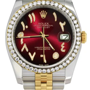 116233 | Hidden Clasp | Gold & Steel Rolex Datejust Watch | 36Mm | Red Black Arabic Diamond Dial | Jubilee Band