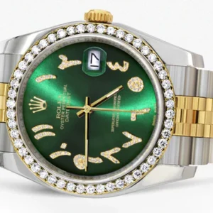 116233 | Hidden Clasp | Gold & Steel Rolex Datejust Watch | 36Mm | Green Arabic Diamond Dial | Jubilee Band