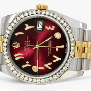 116233 | Hidden Clasp | Gold & Steel Rolex Datejust Watch | 36Mm | Red Black Arabic Diamond Dial | Jubilee Band