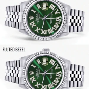 Diamond Mens Rolex Datejust Watch 16200 | 36Mm | Custom Green Roman Numeral Dial | Jubilee Band