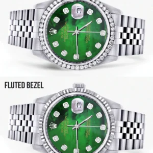 Diamond Mens Rolex Datejust Watch 16200 | 36Mm | Green Diamond Mother Of Pearl Dial | Jubilee Band