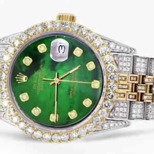 Iced Out Rolex Datejust 36 MM | Two Tone | 10 Carats of Diamonds | Green Mother of Pearl Diamond Dial
