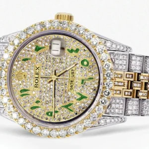 Iced Out Rolex Datejust 36 MM | Two Tone | 10 Carats of Diamonds | Full Diamond Green Arabic Diamond Dial