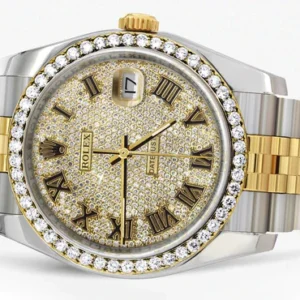 116233 | Hidden Clasp | Diamond Gold Rolex Watch For Men | 36MM | Full Diamond Roman Dial | Jubilee Band