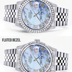 Diamond Mens Rolex Datejust Watch 16200 | 36Mm | Blue Mother Of Pearl Roman Numeral Dial | Jubilee Band