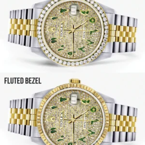 Womens Diamond Gold Rolex Watch 16233 | 36Mm | Custom Green Arabic Full Diamond Dial | Jubilee Band