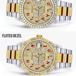 Diamond Gold Rolex Watch For Men 16233 | 36Mm | Custom Red Arabic Full Diamond Dial | Oyster Band