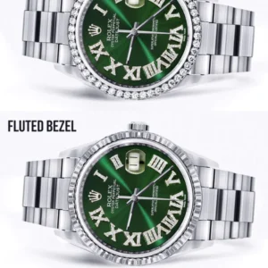 Diamond Mens Rolex Datejust Watch 16200 | 36Mm | Custom Green Roman Numeral Dial | Oyster Band