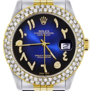 Diamond Gold Rolex Watch For Men 16233 | 36Mm | Blue Black Arabic Diamond Dial | Two Row 4.25 Carat Bezel | Jubilee Band
