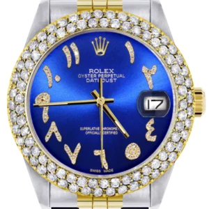 Diamond Gold Rolex Watch For Men 16233 | 36Mm | Blue Arabic Diamond Dial | Two Row 4.25 Carat Bezel | Jubilee Band