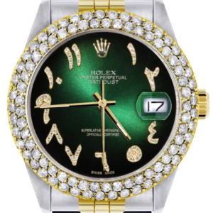 Diamond Gold Rolex Watch For Men 16233 | 36Mm | Green Black Arabic Diamond Dial | Two Row 4.25 Carat Bezel | Jubilee Band