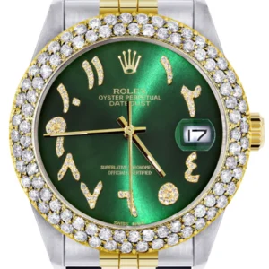 Diamond Gold Rolex Watch For Men 16233 | 36Mm | Green Arabic Diamond Dial | Two Row 4.25 Carat Bezel | Jubilee Band