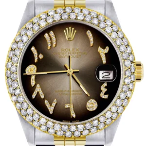 Diamond Gold Rolex Watch For Men 16233 | 36Mm | Brown Arabic Diamond Dial | Two Row 4.25 Carat Bezel | Jubilee Band