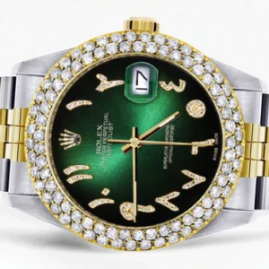Diamond Gold Rolex Watch For Men 16233 | 36Mm | Green Black Arabic Diamond Dial | Two Row 4.25 Carat Bezel | Jubilee Band