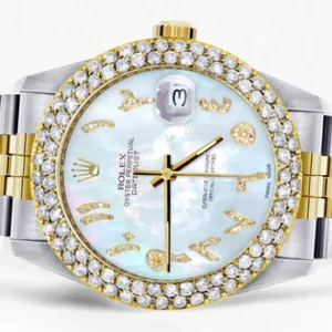 Diamond Gold Rolex Watch For Men 16233 | 36Mm | Mother of Pearl Arabic Diamond Dial | Two Row 4.25 Carat Bezel | Jubilee Band