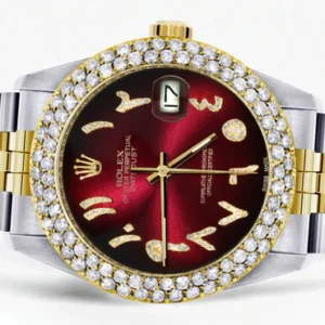 Diamond Gold Rolex Watch For Men 16233 | 36Mm | Red Black Arabic Diamond Dial | Two Row 4.25 Carat Bezel | Jubilee Band