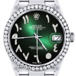 Diamond Mens Rolex Datejust Watch 16200 | 36Mm | Green Black Arabic Diamond Dial | Oyster Band
