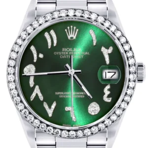 Diamond Mens Rolex Datejust Watch 16200 | 36Mm | Green Arabic Diamond Dial | Oyster Band