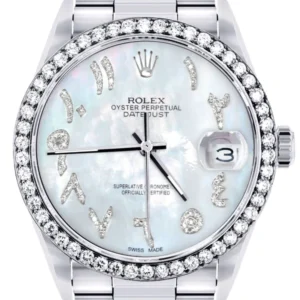 Diamond Mens Rolex Datejust Watch 16200 | 36Mm | Mother of Pearl Arabic Diamond Dial | Oyster Band