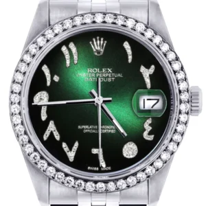 Diamond Mens Rolex Datejust Watch 16200 | 36Mm | Green Black Arabic Diamond Dial | Jubilee Band