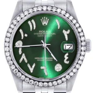 Diamond Mens Rolex Datejust Watch 16200 | 36Mm | Green Arabic Diamond Dial | Jubilee Band