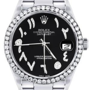 Diamond Mens Rolex Datejust Watch 16200 | 36Mm | Black Arabic Diamond Dial | Oyster Band