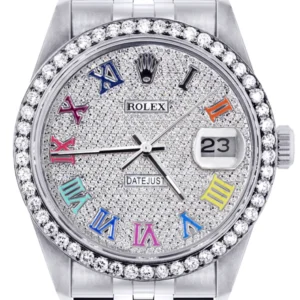 Diamond Mens Rolex Datejust Watch 16200 | 36MM | Full Diamond Color Roman Dial | Jubilee Band