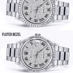 Diamond Mens Rolex Datejust Watch 16200 | 36MM | Full Diamond Roman Dial | Oyster Band