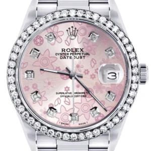 Diamond Mens Rolex Datejust Watch 16200 | 36MM | Pink Flower Diamond Dial | Oyster Band