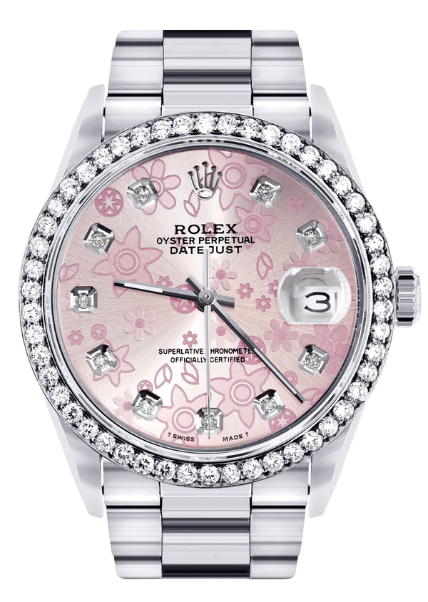 Diamond Mens Rolex Datejust Watch 16200 36MM Pink Flower Diamond Dial Oyster Band 1