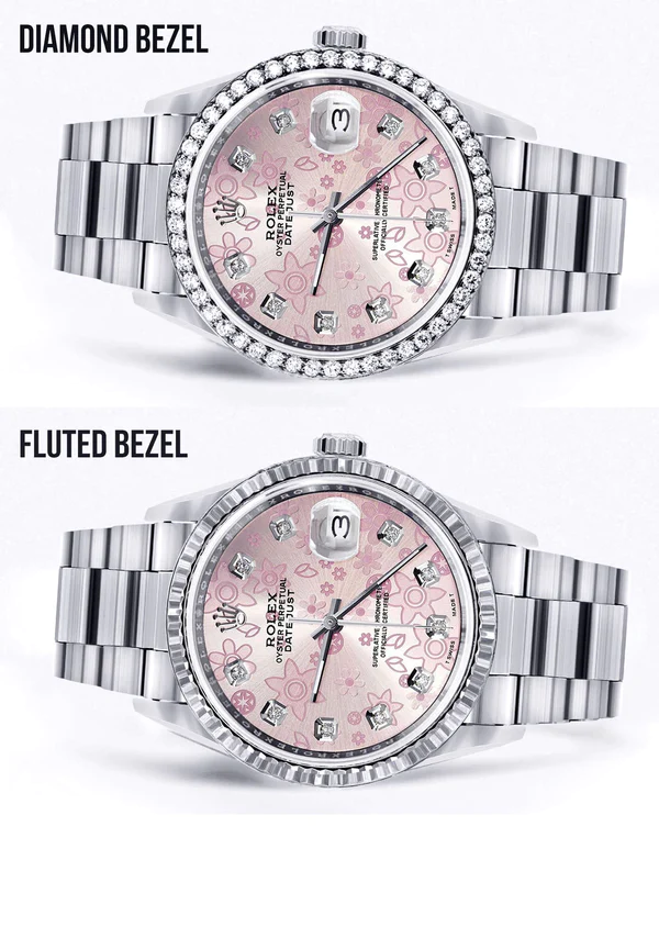 Diamond Mens Rolex Datejust Watch 16200 36MM Pink Flower Diamond Dial Oyster Band 2