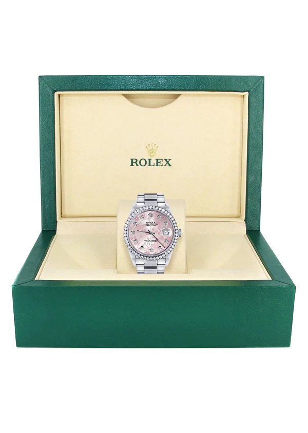 Diamond Mens Rolex Datejust Watch 16200 36MM Pink Flower Diamond Dial Oyster Band 7