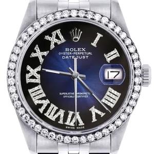 Diamond Mens Rolex Datejust Watch 16200 | 36Mm | Blue Black Roman Numeral Dial | Jubilee Band