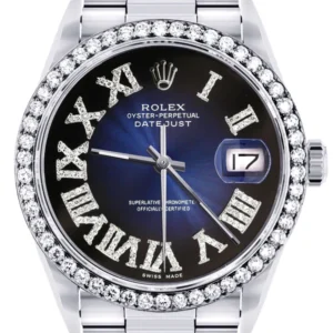 Diamond Mens Rolex Datejust Watch 16200 | 36Mm | Blue Black Roman Numeral Dial | Oyster Band
