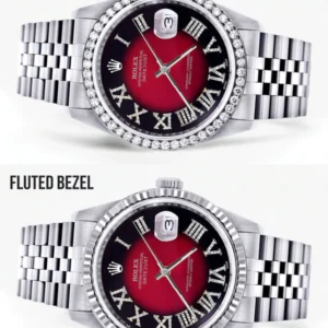 Diamond Mens Rolex Datejust Watch 16200 | 36Mm | Diamond Red Roman Numeral Dial | Jubilee Band