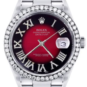 Diamond Mens Rolex Datejust Watch 16200 | 36Mm | Diamond Red Roman Numeral Dial | Oyster Band